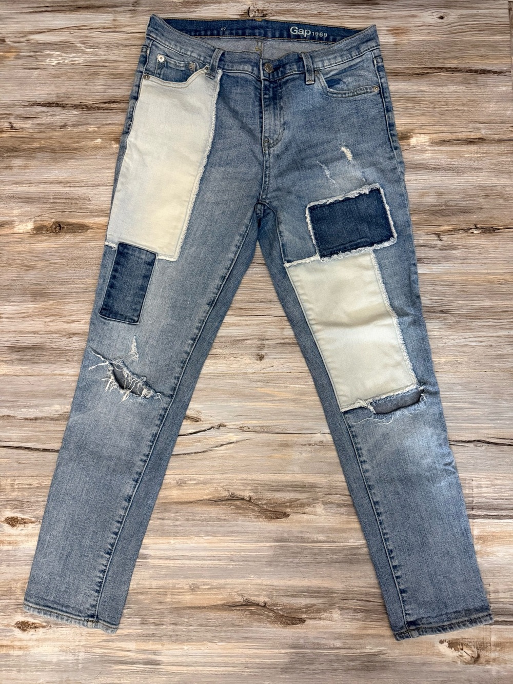 Gap 1969 Jeans Womens 27 Blue Patchwork Distressed Mid Rise Skinny Ankle Stretch